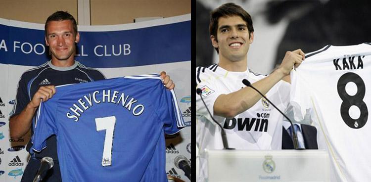 Andriy Shevchenko (kiri) saat didatangkan Chelsea di tahun 2006 dan Ricardo Kaka saat didatangkan Madrid di tahun 2009. Copyright: CoolSpotters/MFina