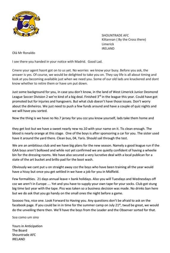 Surat dari klub asal Irlandia yang menginginkan Cristiano Ronaldo. Copyright: Internet/Sportbible.com