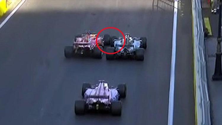 Mobil Vettel sempat menabrak mobil Hamilton. Copyright: Twitter @F1.