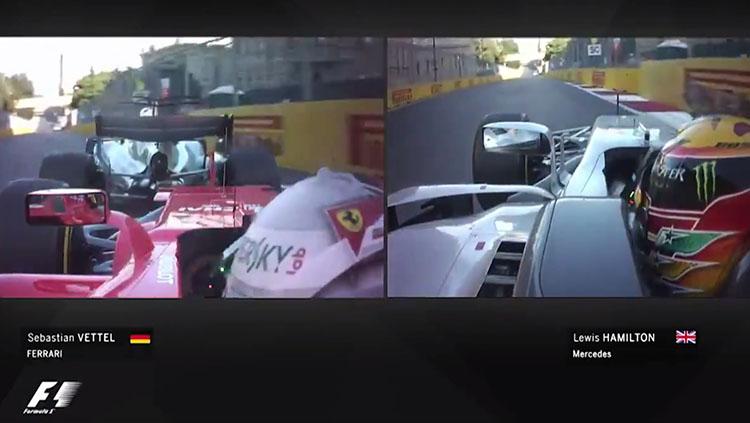 Reaksi Vettel dan Hamilton saat mobil keduanya bertabrakan. Copyright: Twitter @F1.