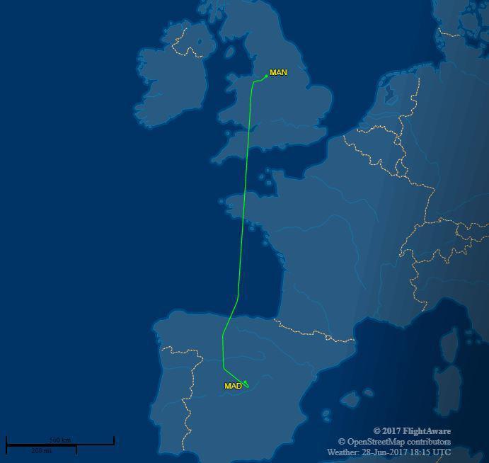 Data pelacakan penerbangan menunjukkan rute jet pribadi yang terbang dari Madrid ke Manchester. Copyright: Thesun.co.uk.