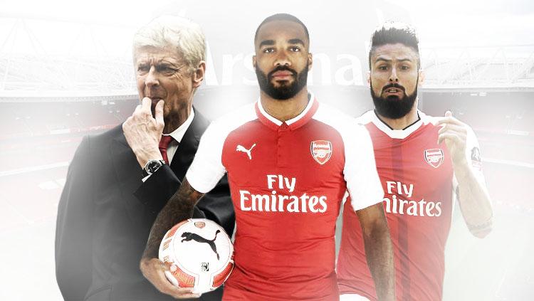 Arsene Wenger , Alexandre Lacazette, dan Olivier Giroud. Copyright: Grafis: Eli Suhaeli/INDOSPORT