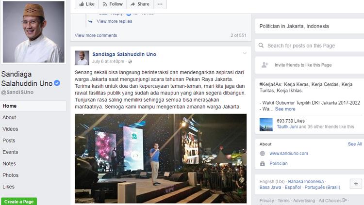 Sandiaga Uno memposting responsnya terkait stadion bertaraf internasional di Jakarta. Copyright: Facebook