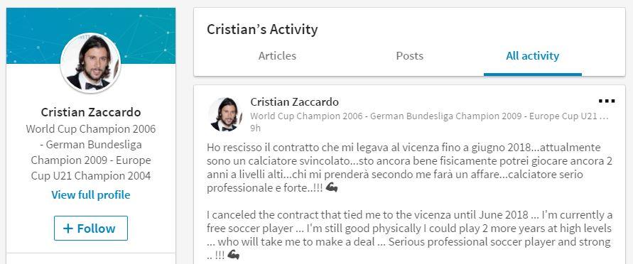 Profil Cristian Zaccardo di LinkedIn. Copyright: LinkedIn