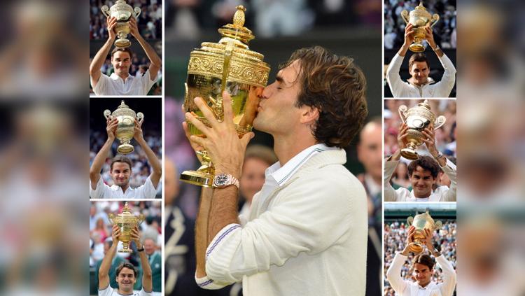 Foto kombinasi Roger Federer menjuarai Wimbledon dari tahun 2003-2017.