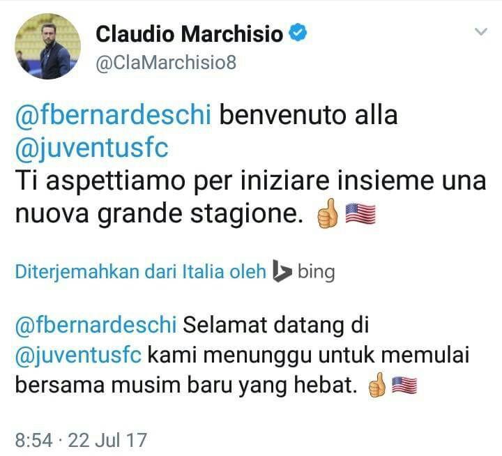 Screenshot Claudio Marchisio mengucapkan selamat datang kepada Federico Bernardeschi melalui akun Twitternya Copyright: Twitter