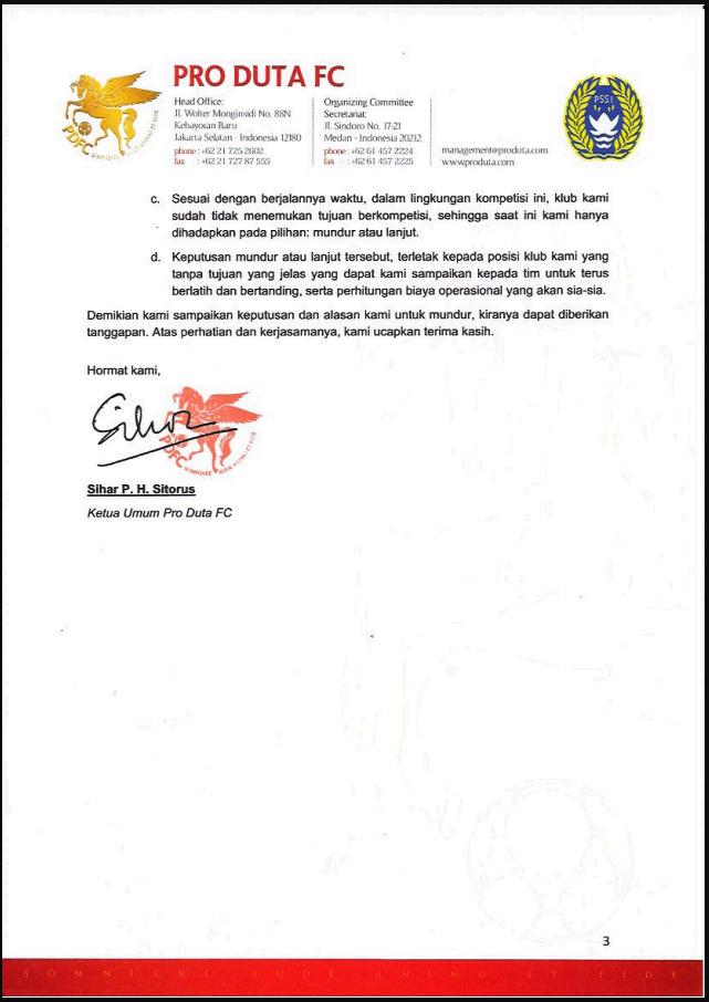 Surat Pengunduran Diri Pro Duta FC dari Liga 2. Copyright: Kesuma/INDOSPORT