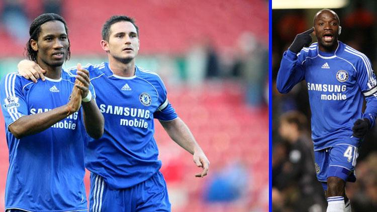Tiga legenda Chelsea, Didier Drogba (kiri), Frank Lampard (tengah), dan Claude Makelele diprediksi akan mengisi jajaran kepelatihan The Blues.