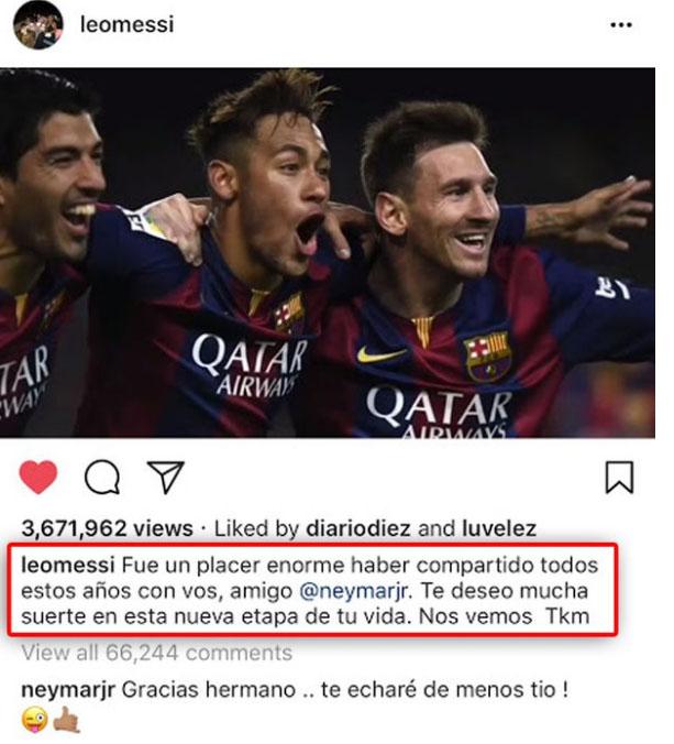 Neymar Jr membalas pesan dari Instagram Lionel Messi. Copyright: Mirror