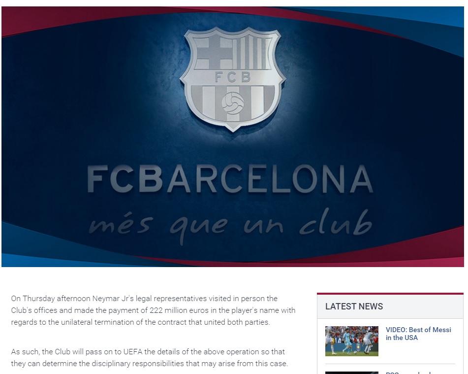 Pernyataan resmi Barcelona terkait pelunasan dana transfer Neymar. Copyright: Barcelona