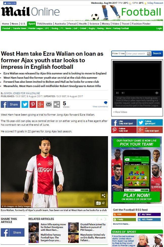 Ezra Walian masuk dalam pemberitaan media Inggris. Copyright: Daily Mail.