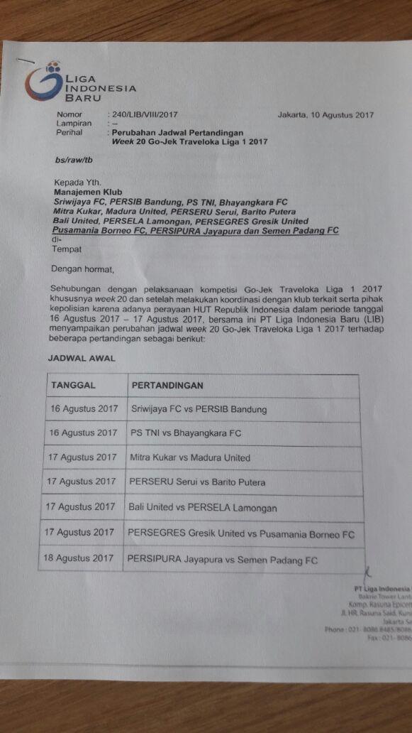 Jadwal ulang pertandingan Liga 1 pekan ke-20. Copyright: PT LIB