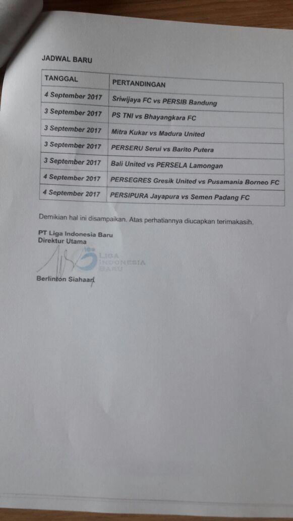 Jadwal ulang pertandingan Liga 1 pekan ke-20. Copyright: PT LIB