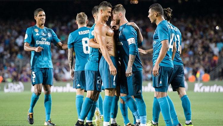 Aksi selebrasi pemain Real Madrid setelah Cristiano Ronaldo cetak gol.