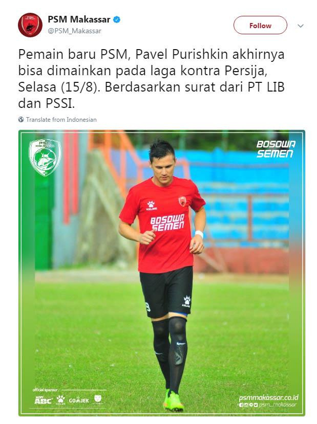 Pemain anyar PSM Makassar, Pavel Purishkin. Copyright: Twitter@PSM_Makassar