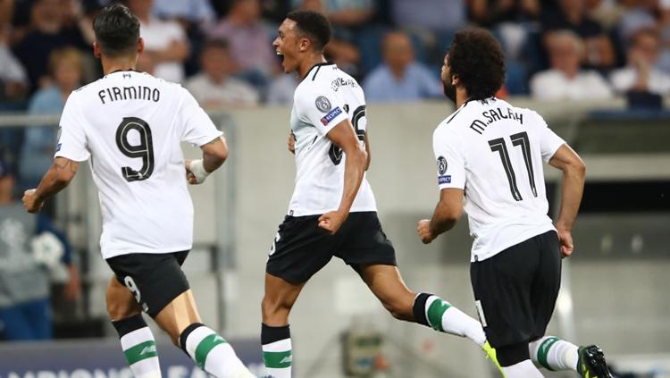 Trent Alender-Arnold, Roberto Firmino, dan Mohamed Salah. Copyright: Getty Images