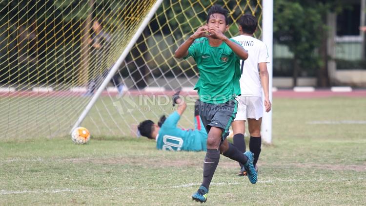 Selebrasi pemain Timnas U-16, Bagus Kahfi usai mencetak gol pertama.