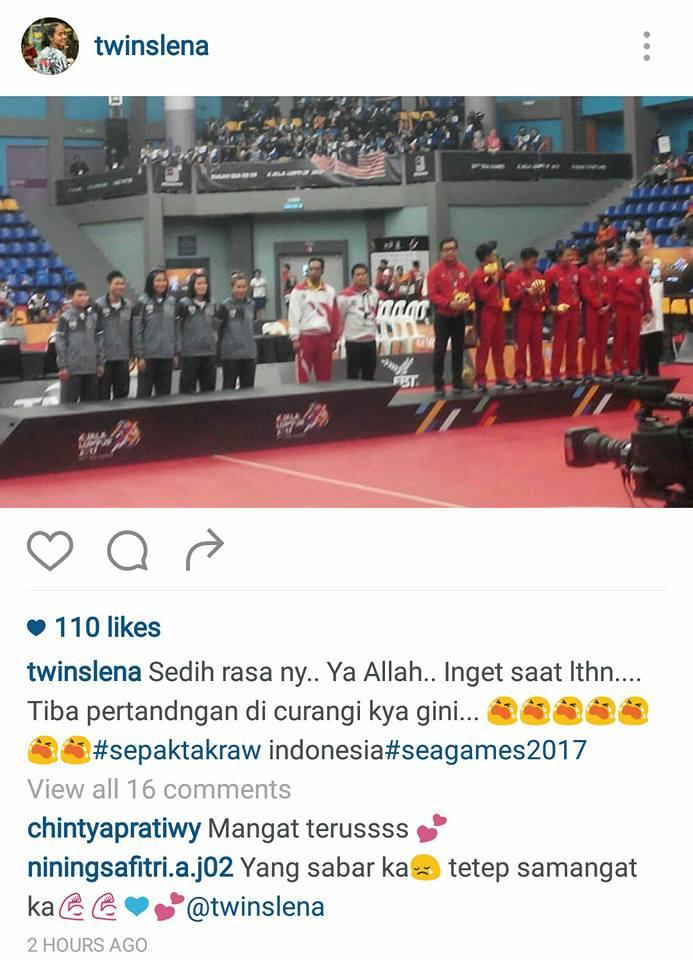 Atlet Sepak Takraw Indonesia, Lena meluapkan kesedihan usai dicurangi wasit. Copyright: Instagram Twinslena
