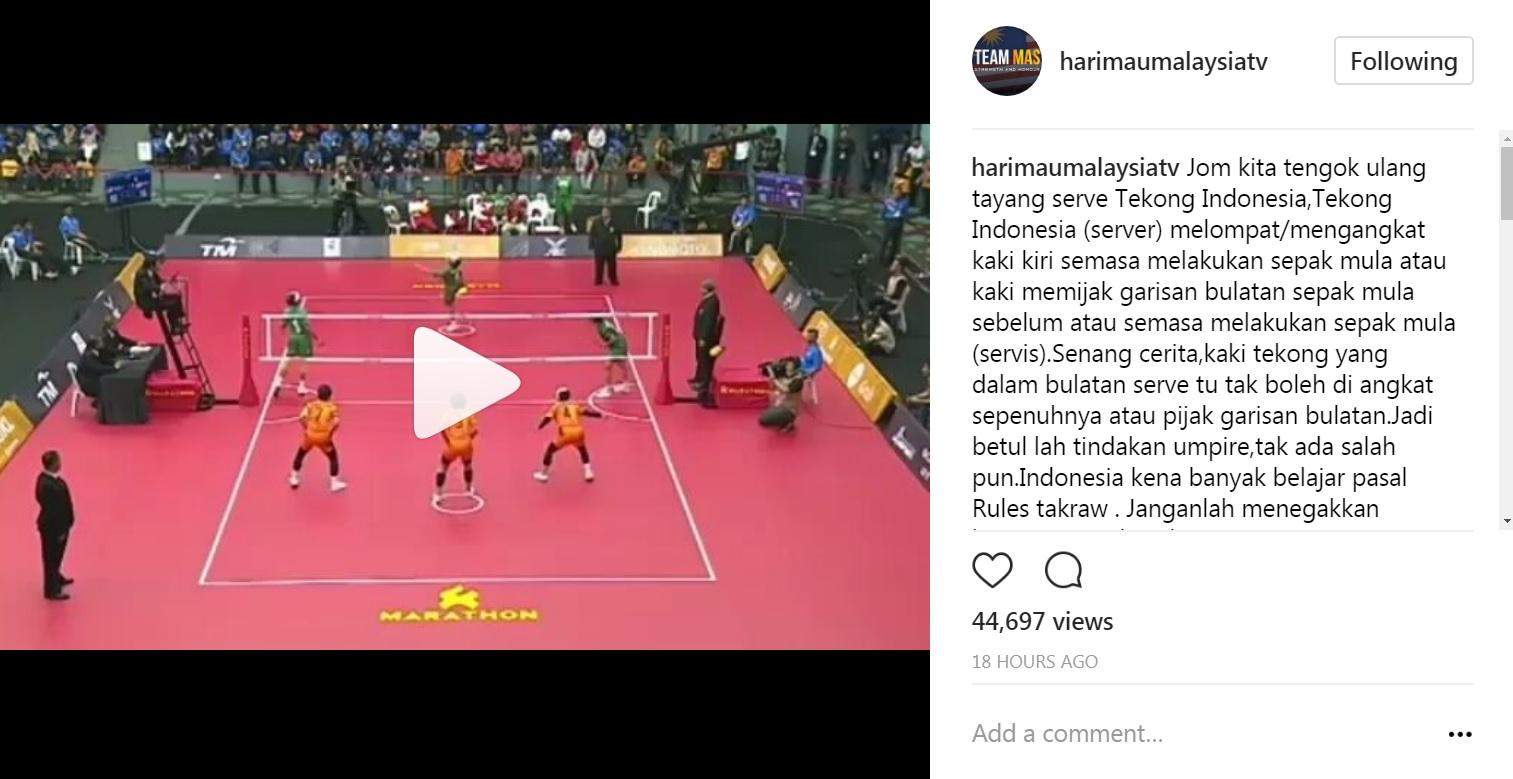 Netizen Malaysia anggap keputusan wasit sepak takraw sudah benar, sehingga aksi walk out timnas takraw putri Indonesia dianggap mengada-ada. Copyright: https://www.instagram.com/harimaumalaysiatv/