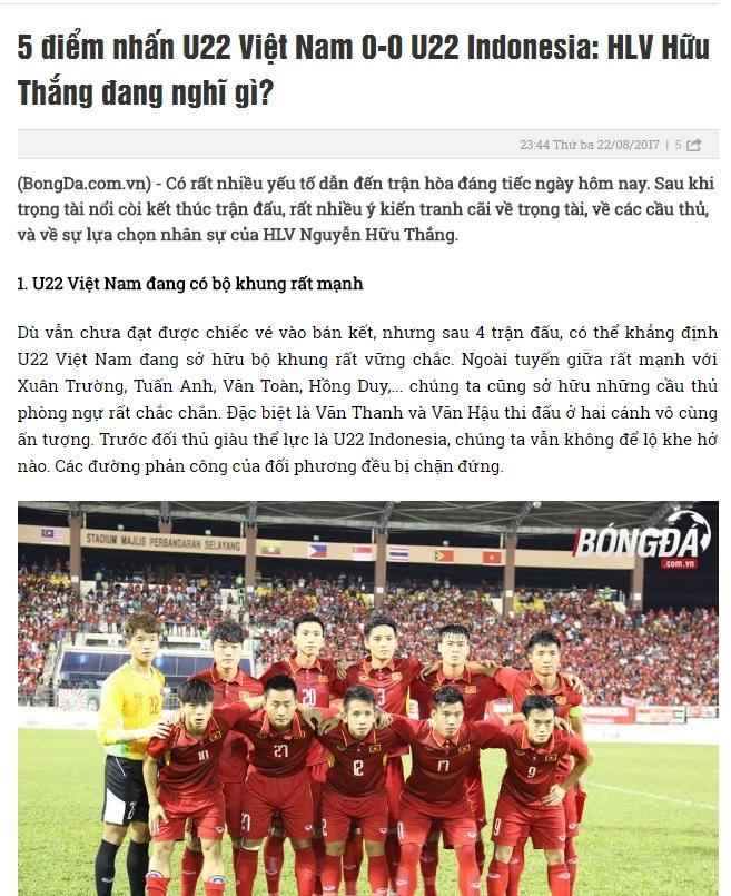 Pemberitaan Bongda yang mengkritisi hasil imbang Vietnam dari Timnas Indonesia U-22 di SEA Games 2017. Copyright: Bongda