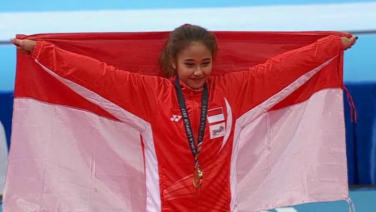 Rifda Irfanaluthfi saat meraih medali emas untuk Indonesia di SEA Games. Kini ia pastikan lolos ke Olimpiade 2024.