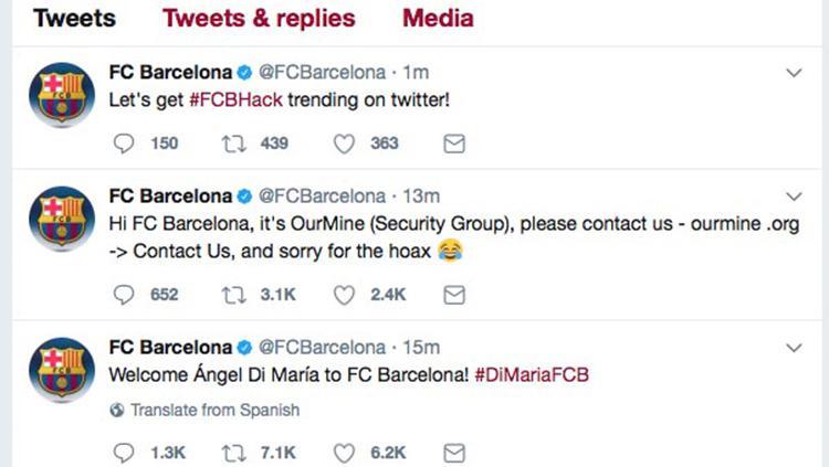 Screenshot Twitter Barcelona diretas, dan mengumumkan bahwa mereka telah mendatangkan Angel Di Maria. Copyright: Twitter