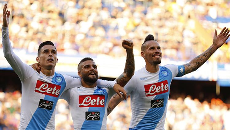 Jose Callejon (kiri), Lorenzo Insigne (tengah), dan Marek Hamsik, tiga bintang Napoli. Copyright: INDOSPORT