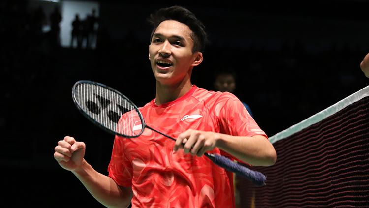 Pebulutangkis tunggal putra Indonesia, Jonatan Christie melakukan selebrasi. Copyright: Humas Pelatnas PBSI