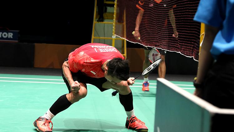 Pebulutangkis tunggal putra Indonesia, Jonatan Christie melakukan selebrasi. Copyright: Humas Pelatnas PBSI