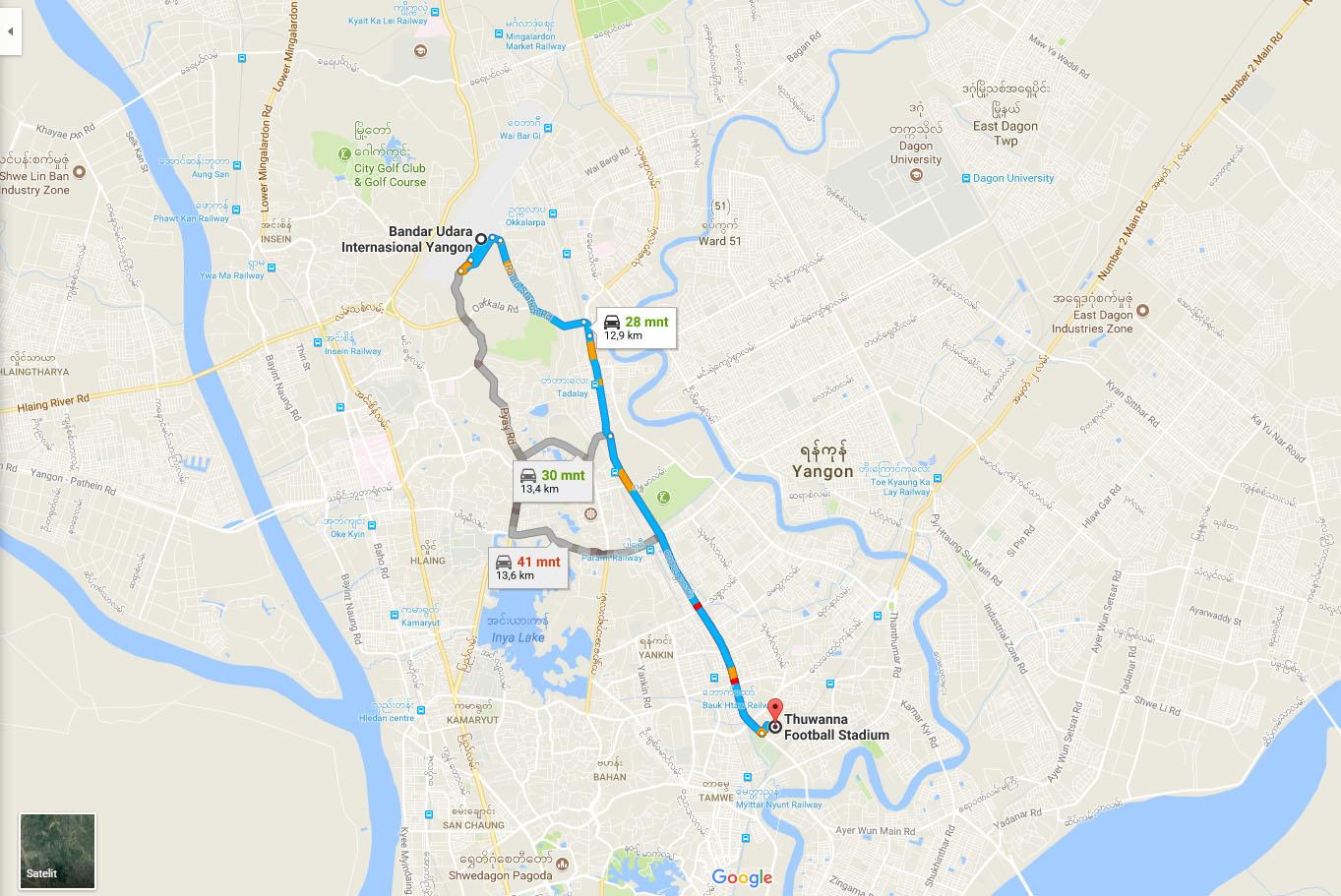 Jalur bandara menuju stadion Thuwanna di Myanmar. Copyright: google