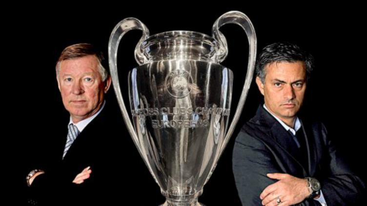 Jose Mourinho (kanan), Sir Alex Ferguson, dan trofi Liga Champions. Copyright: Daily Mail