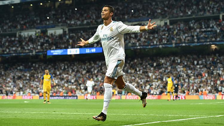 Selebrasi pemain megabintang Real Madrid, Cristiano Ronaldo usai menjebol gawang Apoel. Copyright: INDOSPORT