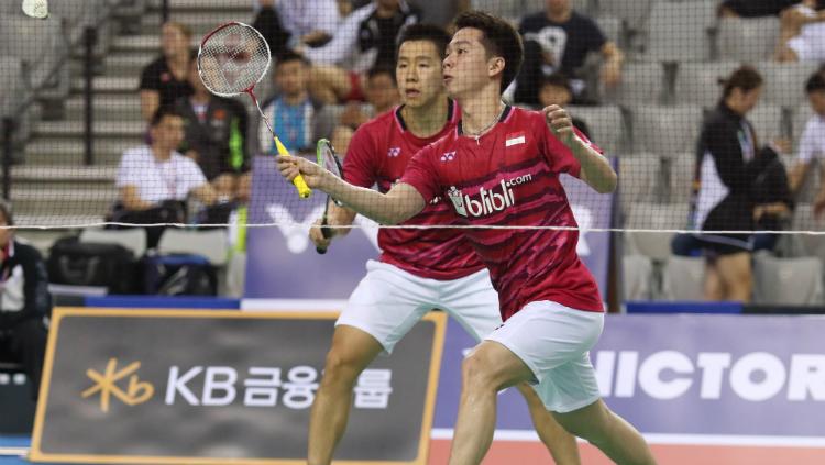 Kevin Sanjaya Sukamuljo/Marcus Fernaldi Gideon beraksi di perempatfinal Korea Open 2017. Copyright: Humas PBSI