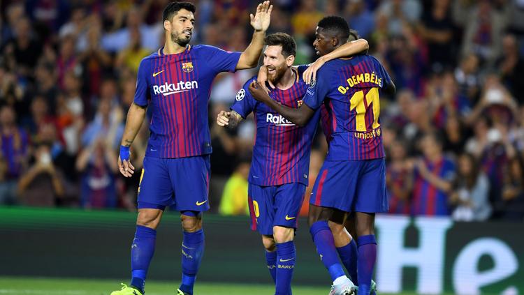 Barcelona (Luis Suarez, Lionel Messi, Ousmane Dembele). Copyright: INDOSPORT/Getty Images