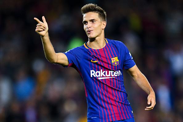 Selebrasi dari pemain Barcelona, Denis Suarez usai mencetak gol ke gawang Eibar. Copyright: INDOSPORT