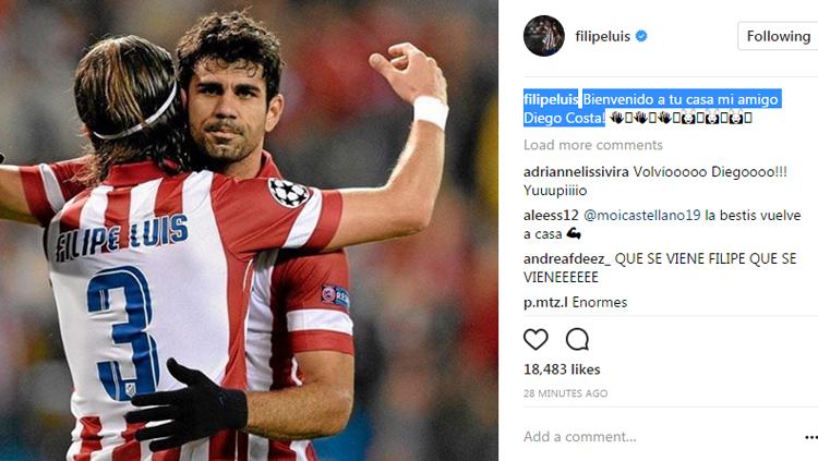 Filipe Luis memberikan ucapan selamat datang di Atletico Madrid lewat akun Instagram miliknya. Copyright: Instagram@filipeluis
