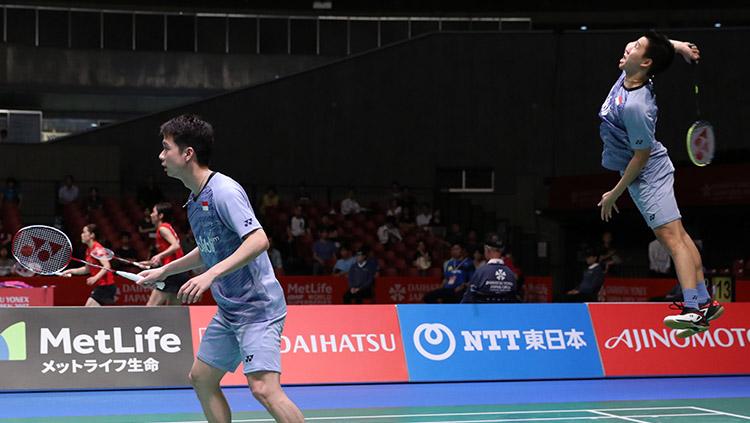 Pasangan ganda putra Indonesia, Marcus Fernaldi Gideon dan Kevin Sanjaya lolos ke semifinal. Copyright: HUMAS PBSI