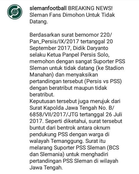 Surat dari PSS Sleman untuk Fansnya. Copyright: PSS-Sleman.co.id