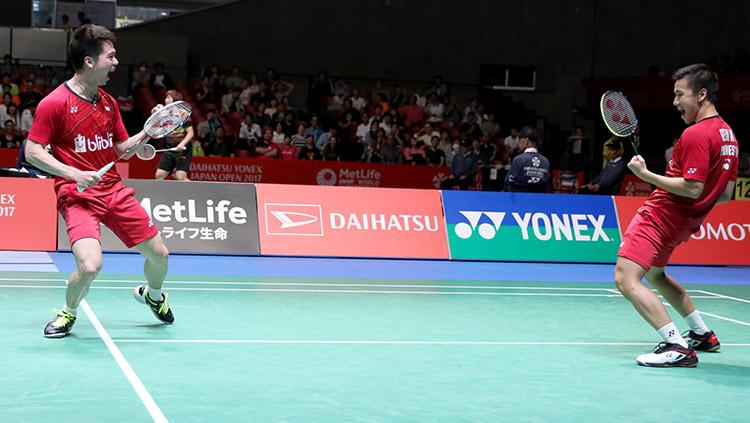 Marcus Fernaldi Gideon dan Kevin Sanjaya Sukamuljo lolos ke final ajang Japan Open Super Series 2017. Copyright: HUMAS PBSI