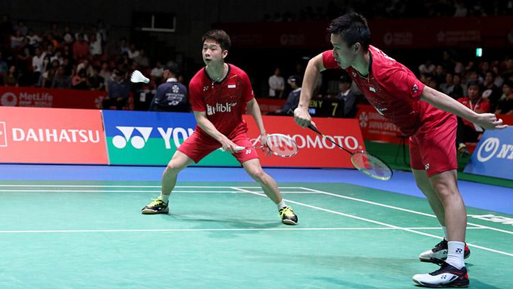 Marcus Fernaldi Gideon dan Kevin Sanjaya Sukamuljo lolos ke final ajang Japan Open Super Series 2017. Copyright: HUMAS PBSI