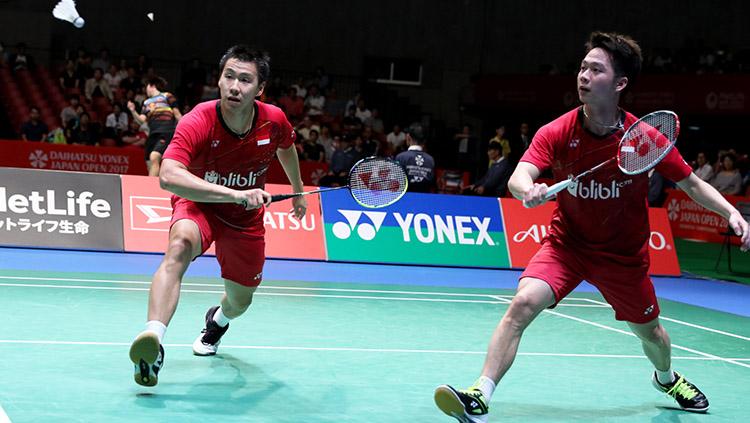 Marcus Fernaldi Gideon dan Kevin Sanjaya Sukamuljo lolos ke final ajang Japan Open Super Series 2017. Copyright: HUMAS PBSI