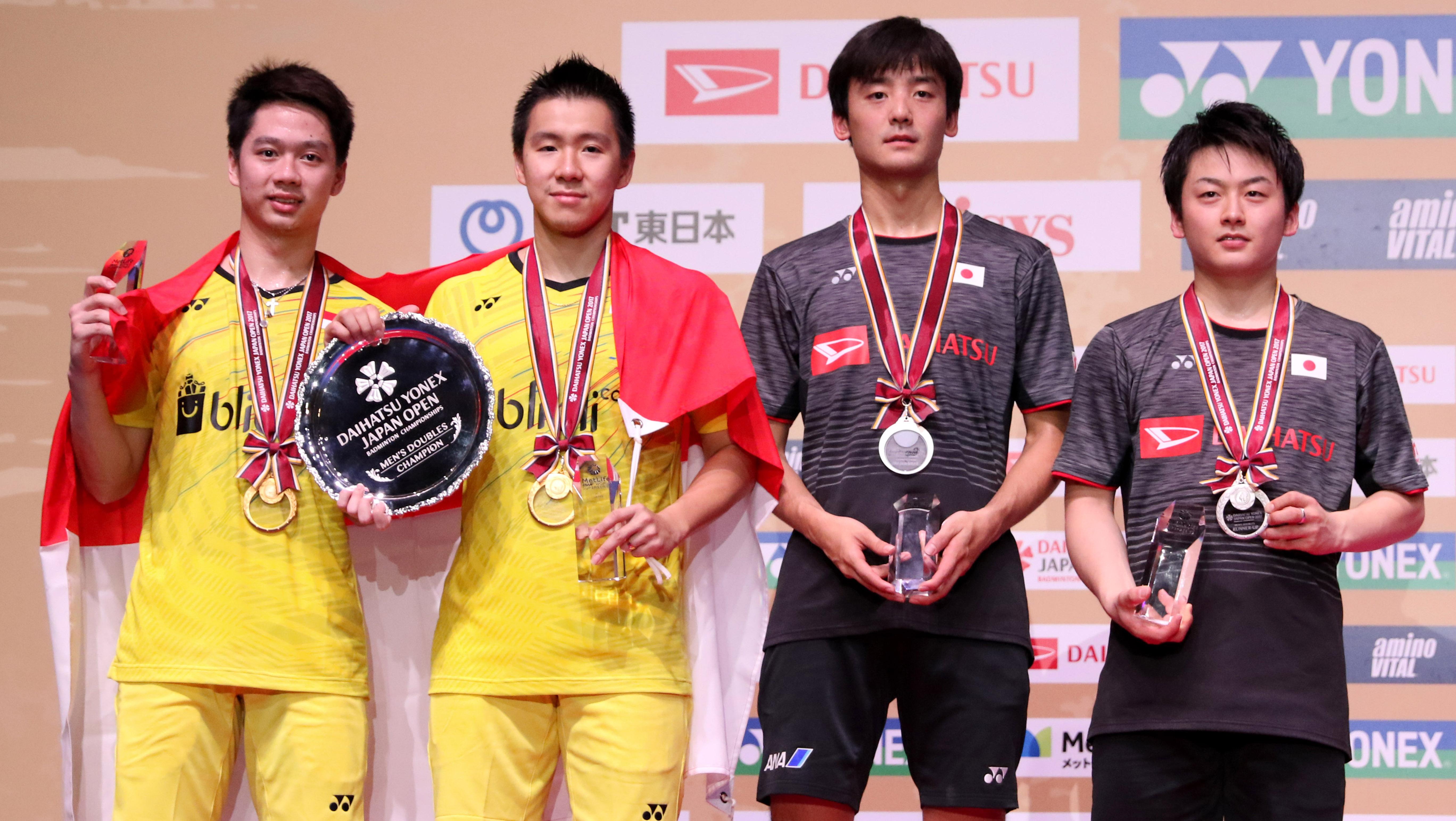 Kevin Sajaya/Marcus Gideon (kiri) juara Japan Open Super Series 2017. - INDOSPORT