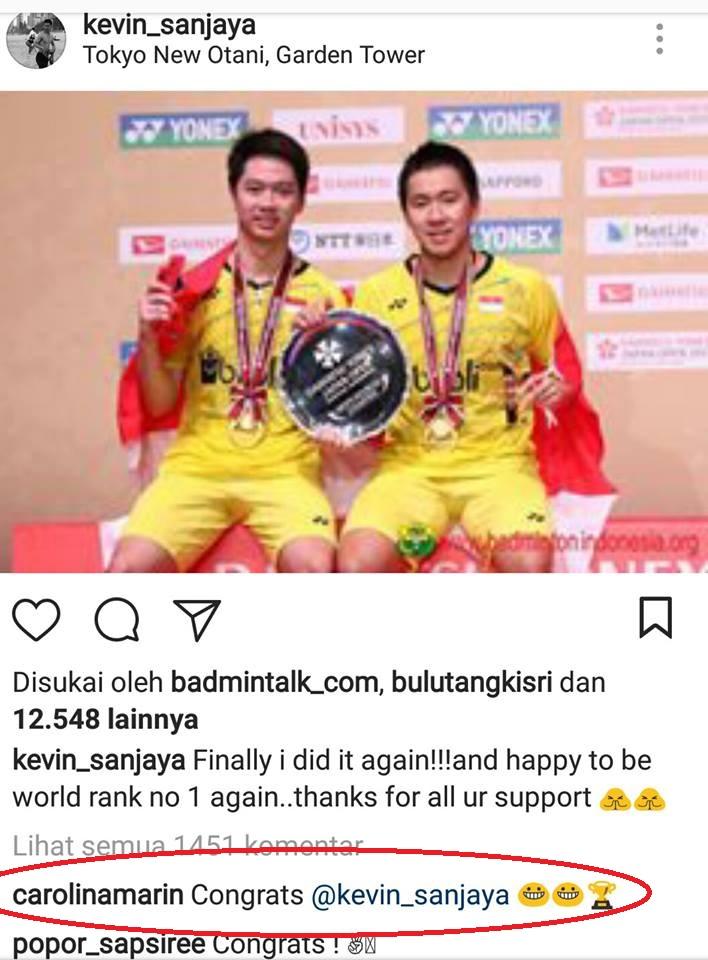 Ucapan Selamat Carolina Marin untuk Kevin Sanjaya Copyright: Instagram.com/kevin_sanjaya