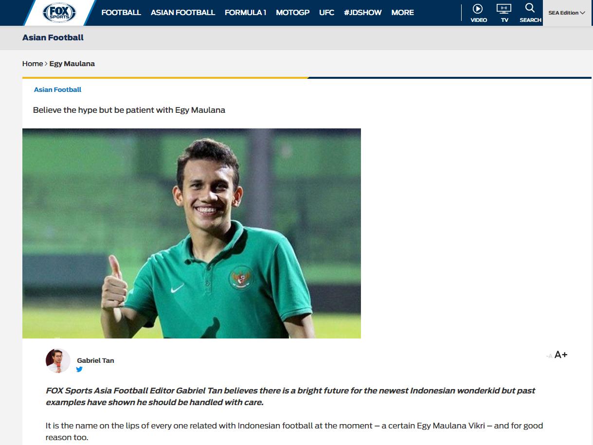 Egy Maulana Vikri dalam website FOX Sports. Copyright: foxsportsasia.com