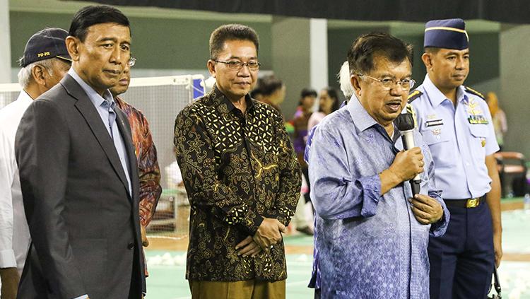 Jusuf Kalla saat memberikan pidato di Pelatnas PBSI, Cipayung, Jakarta Timur.
