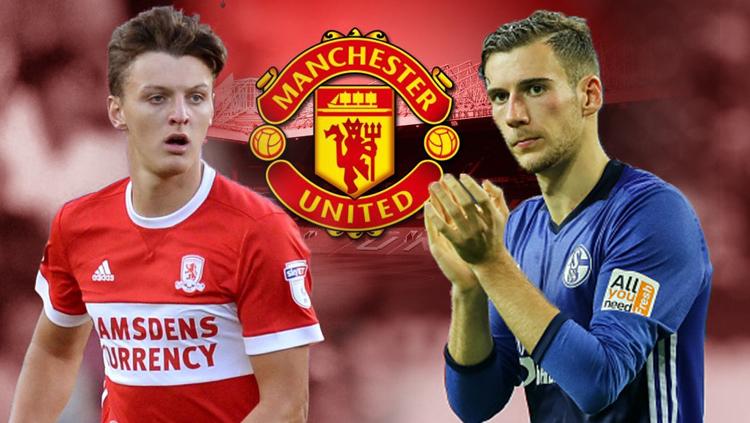 Dael Fry (kiri), logo Manchester United dan Leon Goretzka.