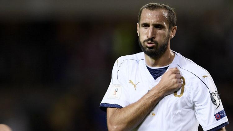 Ekspresi Giorgio Chiellini usai mencetak gol untuk Italia.