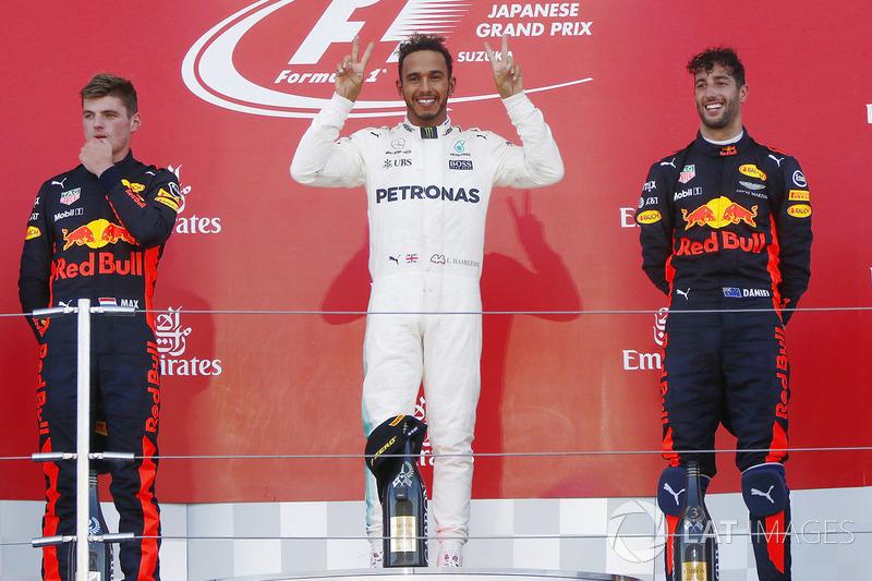 Lewis Hamilton, Max Verstappen, dan Daniel Ricciardo. Copyright: INDOSPORT