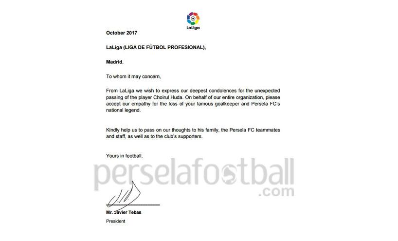 Ucapan Belasungkawa dari La Liga yang Diterima Persela Copyright: perselafootball.com