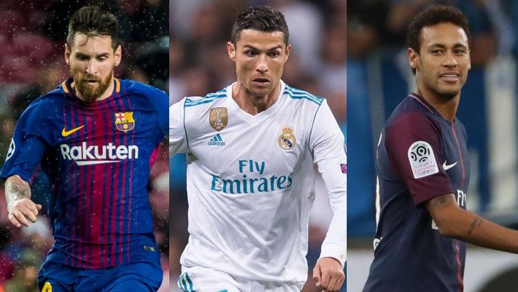 Kiri-kanan: Lionel Messi, Cristiano Ronaldo, dan Neymar.